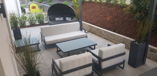 ICM jardín salón sofá sillón aluminio gris mesa centro verano