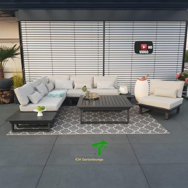Hochwertige anthrazitfarbene Aluminium-Gartenlounge St. Tropez mit komfortablen Polstern und großem Loungetisch.