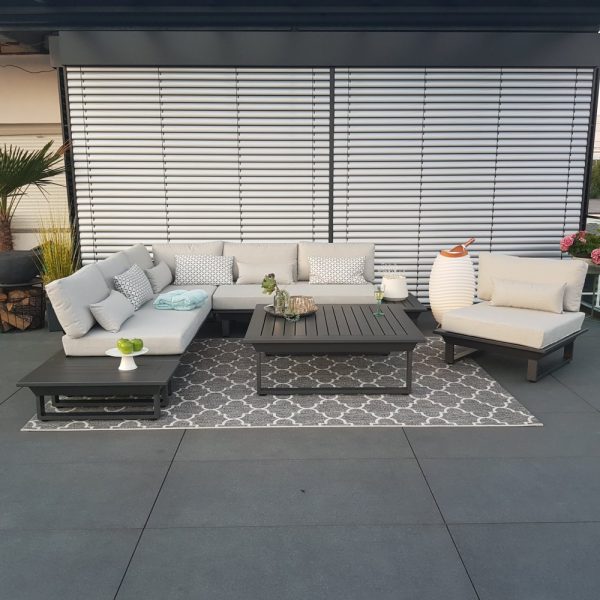 Wetterfeste Gartenmöbel Luxus ICM Gartenlounge Anthrazit mit Polsterung und Aluminiumtisch.
