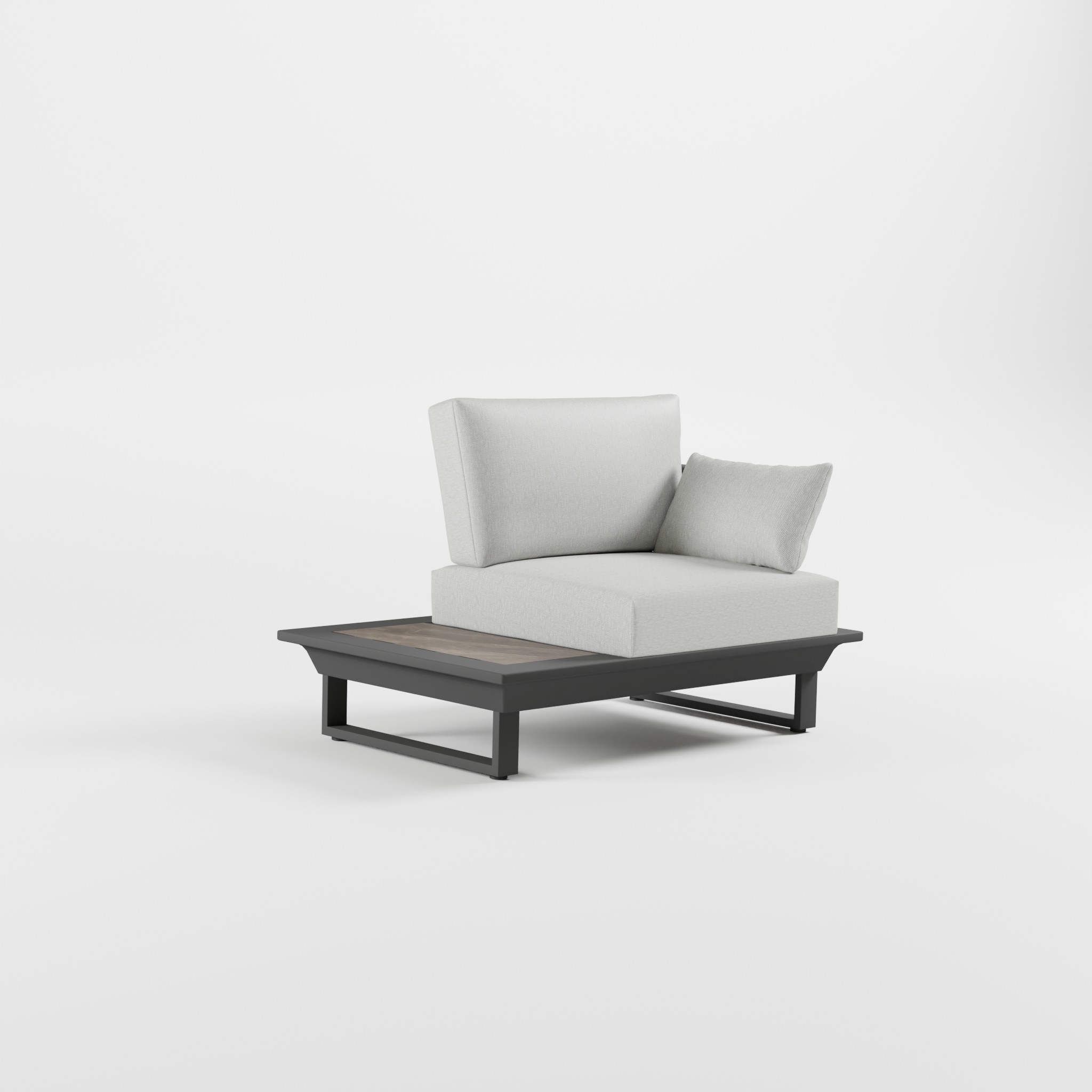 icm-solitaer-sessel-anthrazit-keramik-dunkel-cube-frontal ICM Solitär 1-Sitzers in Anthrazit mit Armlehne, integriertem Seitentisch mit dunkler Keramikplatte und Cube-Füßen.