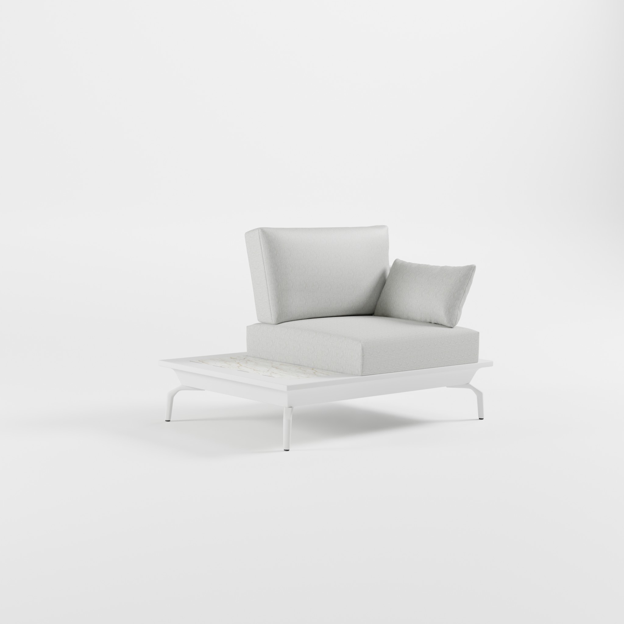 Weißer ICM Solitär 1-Sitzer Lounge-Sessel mit Armlehne, integriertem Keramik-Seitentisch und schrägen Delta-Füßen.