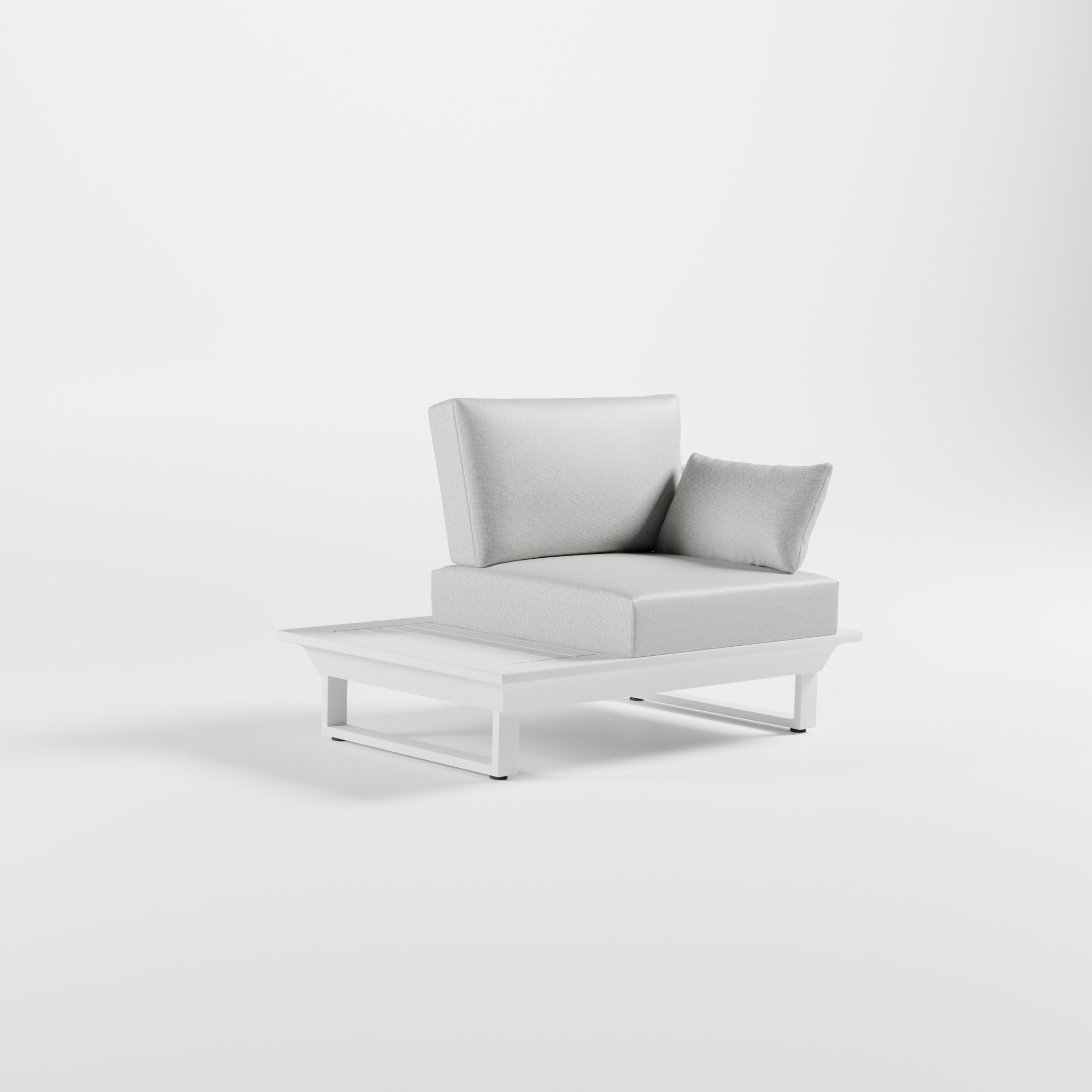 Weißer ICM Solitär 1-Sitzer Lounge-Sessel mit Armlehne, integriertem Aluminium-Seitentisch und stabilen Cube-Füßen.