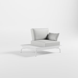 Weißer ICM Solitär 1-Sitzer Lounge-Sessel mit Armlehne, integriertem Aluminium-Seitentisch und schrägen Delta-Füßen.