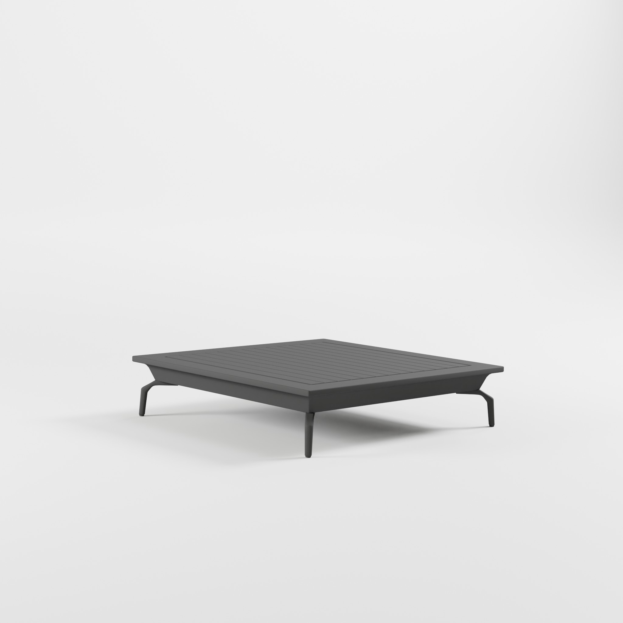 Premium‑Outdoor‑Loungetisch 112×112 cm aus Aluminium in Anthrazit mit markanten Delta‑Design‑Füßen und niedriger 26‑cm‑Loungehöhe – exklusiver Tisch für Garten, Terrasse und moderne Outdoor‑Lounges