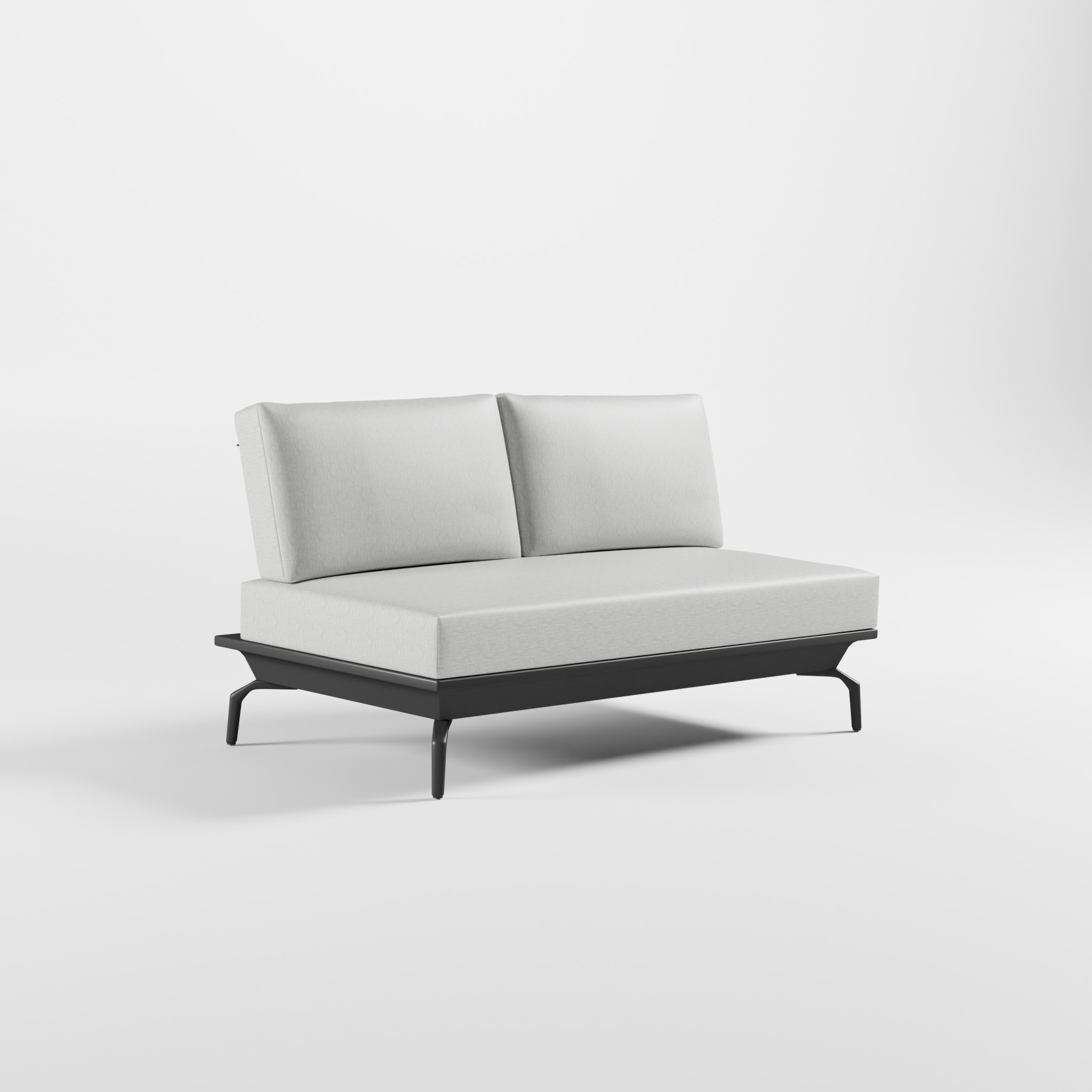 Anthrazitfarbenes ICM 2er Lounge-Zwischenmodul ohne Armlehnen, Aluminium-Anbaumodul mit schrägen Delta-Füßen.