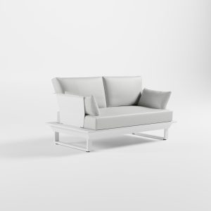 Weißes 2‑Sitzer Garten‑Lounge‑Sofa mit zwei Armlehnen, robusten Edelstahl‑Rückenlehnen und massiven Cube‑Füßen aus der ICM Gartenlounge