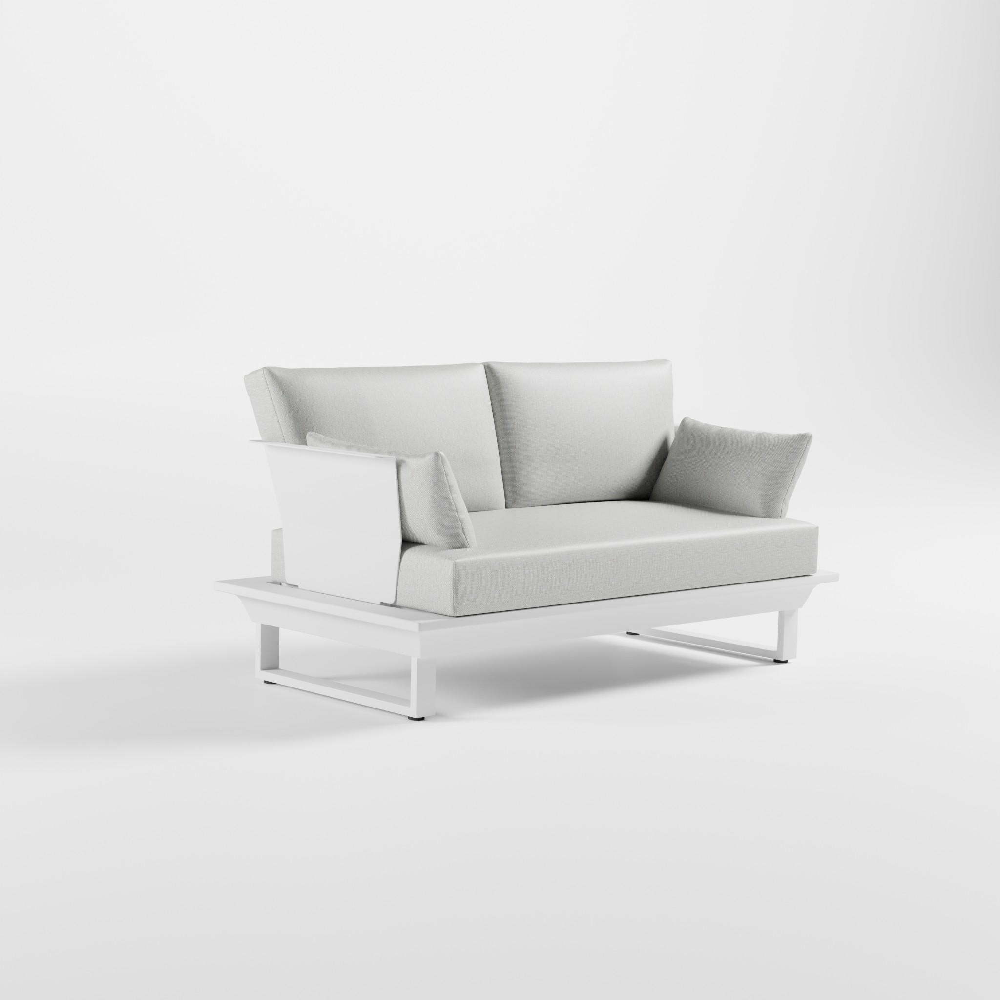 Weißes ICM 2-Sitzer Lounge-Sofa aus Aluminium mit zwei Armlehnen und stabilen, massiven Cube-Füßen.