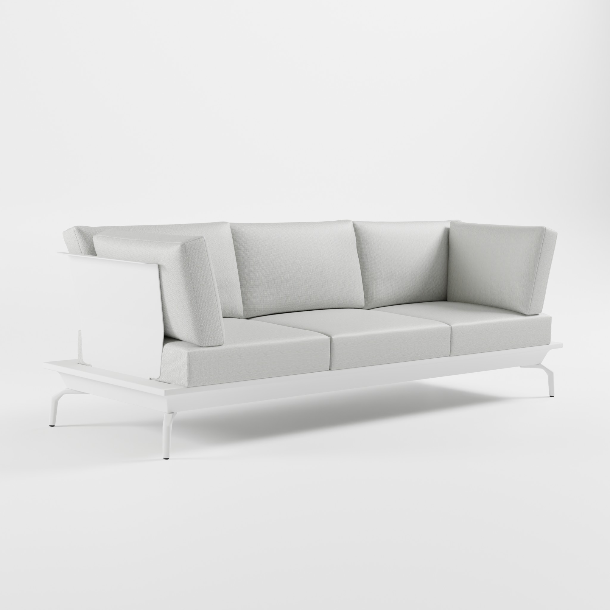 Weißes 3‑Sitzer Aluminium‑Architektursofa mit hoher Edelstahl‑Rückenlehne und Delta‑Füßen aus der ICM Gartenlounge Serie