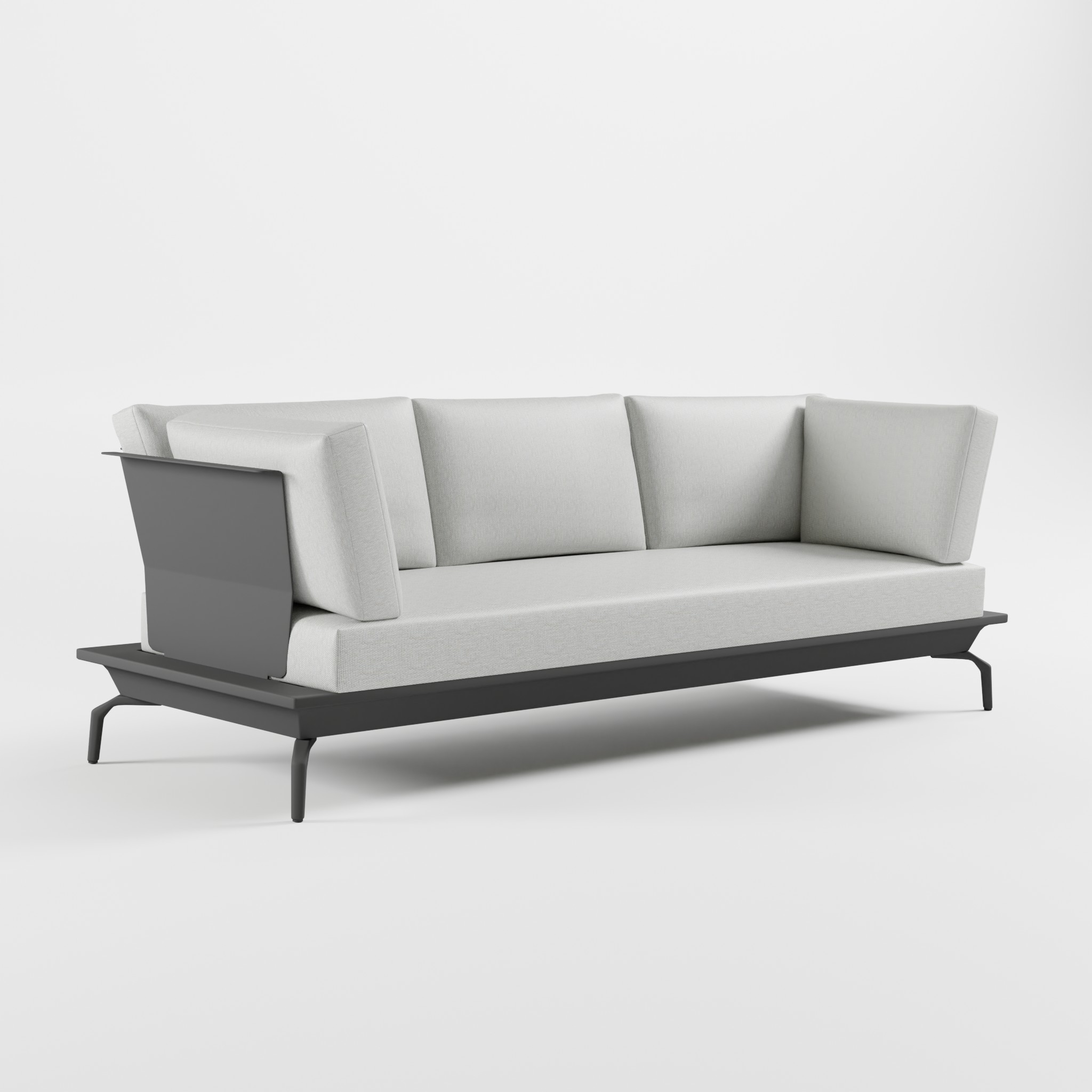 Anthrazitfarbenes 3‑Sitzer Aluminium‑Designsofa mit hoher Edelstahl‑Rückenlehne, durchgehendem Sitzpolster und Delta‑Füßen aus der ICM Gartenlounge Serie