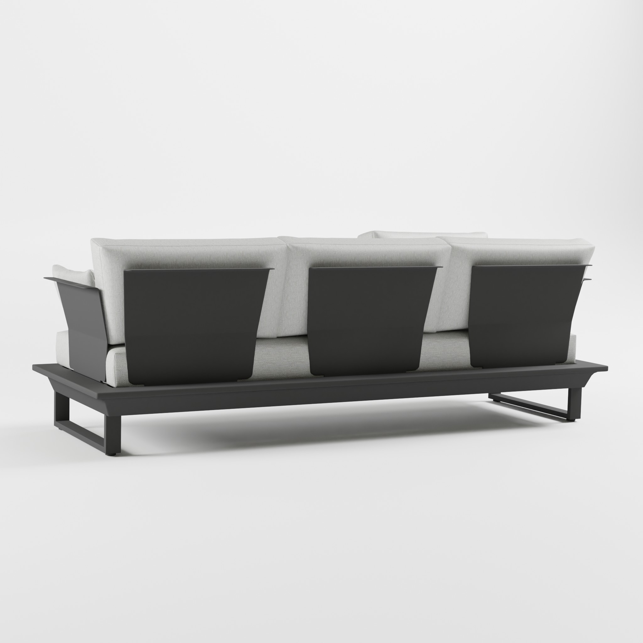 3-sitzer-aluminium-designsofa-anthrazit-rueckansicht-niedrige-edelstahl-lehnen-cube-fuesse-ohne-stuetzfuss-icm Rückansicht eines anthrazitfarbenen 3‑Sitzer Aluminium‑Designsofas mit niedrigen Edelstahl‑Rückenlehnen, massiven Cube‑Füßen und freistehendem Design ohne Stützfuß aus der ICM Serie