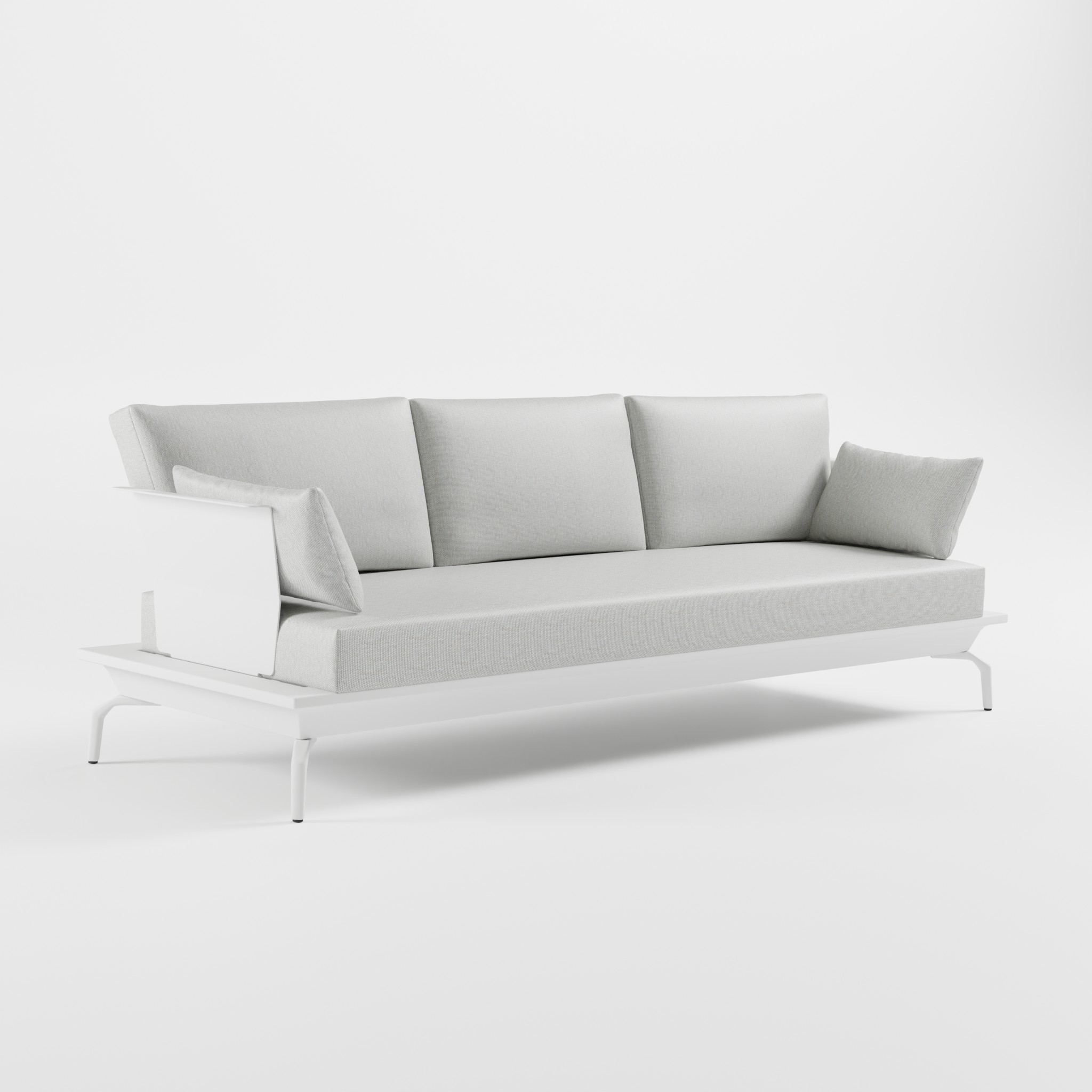 Weißes 3‑Sitzer Aluminium‑Designsofa im Solitär‑Stil mit niedrigen Armlehnen, Edelstahl‑Rückenlehne, Delta‑Füßen und freistehendem Design ohne Stützfuß aus der ICM Serie
