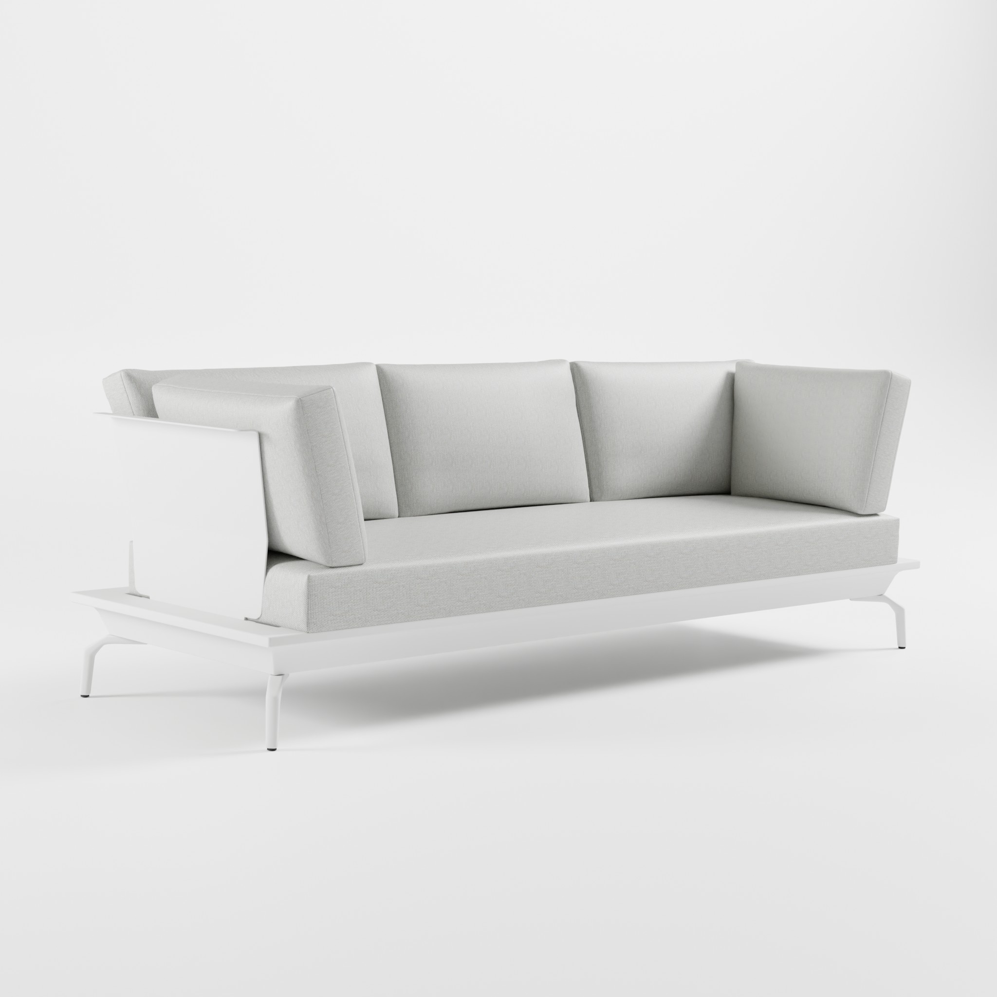 Weißes 3‑Sitzer Aluminium‑Exklusivsofa mit hoher Edelstahl‑Rückenlehne, durchgehendem Sitzkissen und Delta‑Füßen aus der ICM Gartenlounge Serie
