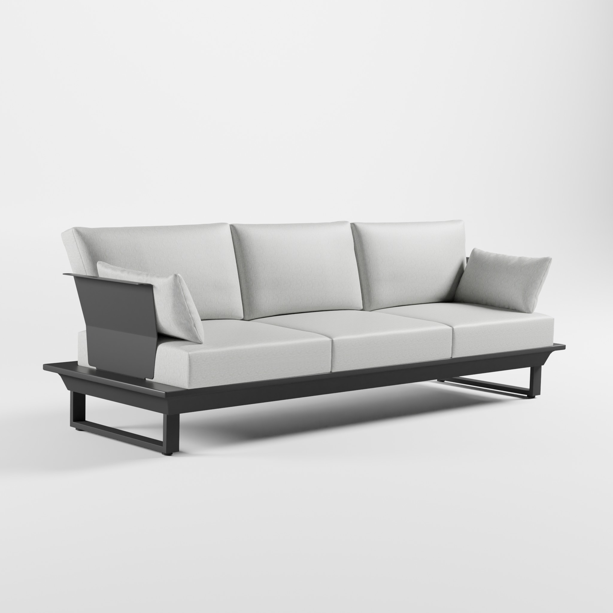 3-sitzer-aluminium-loungeelement-anthrazit-niedrige-armlehnen-cube-fuesse-edelstahl-icm Anthrazitfarbenes 3‑Sitzer Aluminium‑Loungeelement mit niedrigen Armlehnen, Edelstahl‑Rückenlehne und Cube‑Füßen aus der ICM Serie
