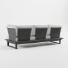 Rückansicht eines anthrazitfarbenen 3‑Sitzer Aluminium‑Lounge­sofas mit massiver Edelstahl‑Rückenlehne und freischwebender Optik