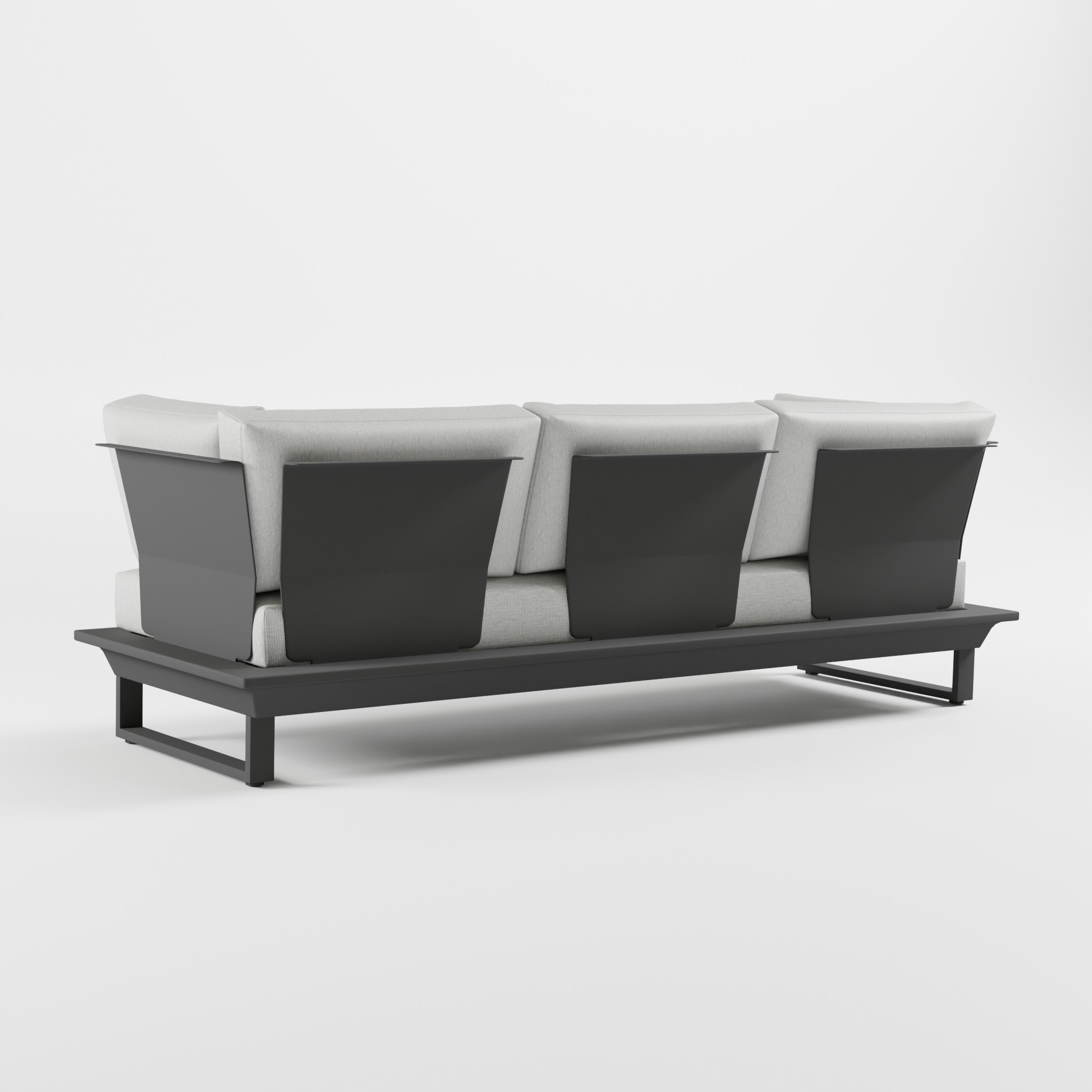Rückansicht eines anthrazitfarbenen 3‑Sitzer Aluminium‑Lounge­sofas mit massiver Edelstahl‑Rückenlehne und freischwebender Optik