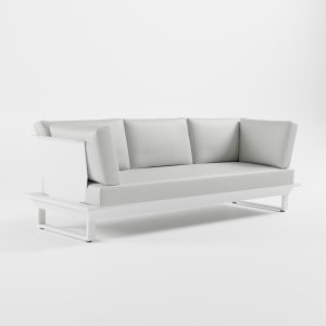 Weißes 3‑Sitzer Aluminium‑Outdoorsofa mit hoher Edelstahl‑Rückenlehne, durchgehendem Sitzpolster und Cube‑Füßen aus der ICM Gartenlounge Serie