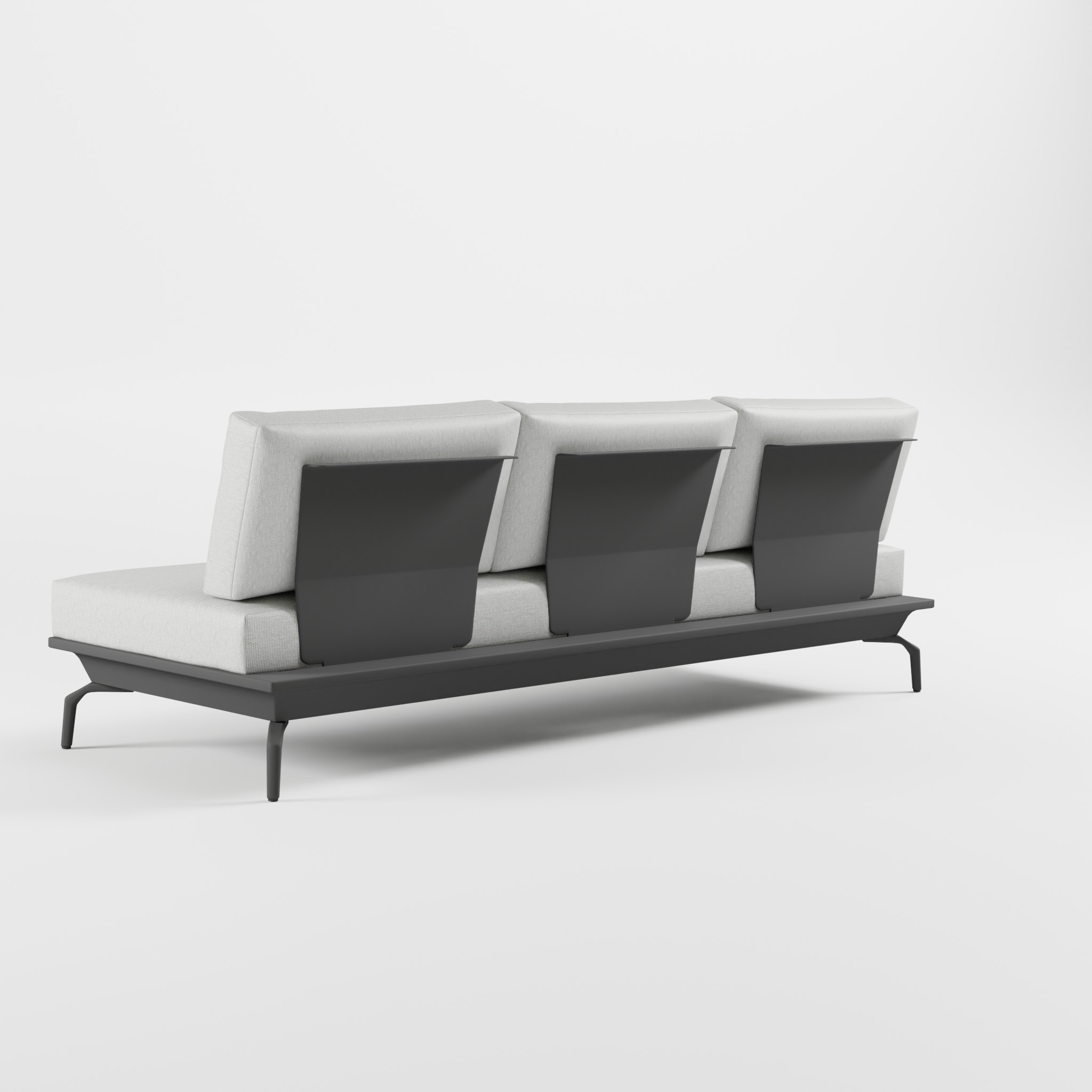 Rückansicht eines anthrazitfarbenen 3‑Sitzer Aluminium‑Premiummoduls mit Edelstahl‑Rückenlehnen und schrägen Delta‑Füßen als exklusives Zwischen­element aus der ICM Gartenlounge