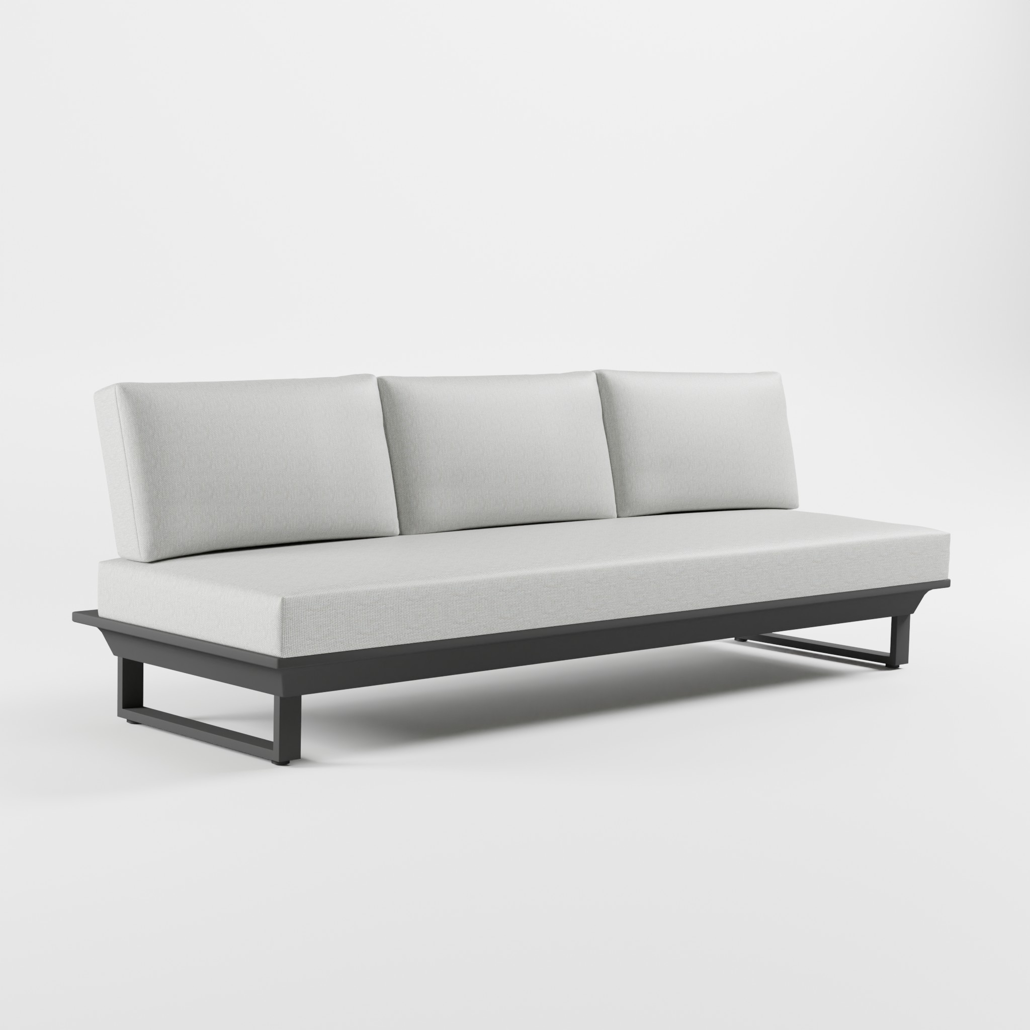 Anthrazitfarbenes 3‑Sitzer Aluminium‑Premiummodul als exklusives Zwischen­element mit Edelstahl‑Rückenlehnen, massiven Cube‑Füßen und freistehendem Design ohne Stützfuß aus der ICM Serie