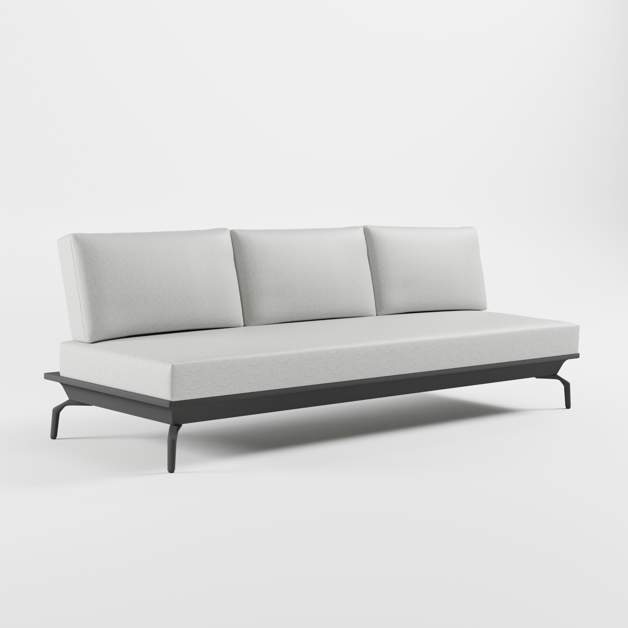 Anthrazitfarbenes 3‑Sitzer Aluminium‑Premiummodul als exklusives Zwischen­element mit Edelstahl‑Rückenlehnen, schrägen Delta‑Füßen und freistehendem Design ohne Stützfuß aus der ICM Gartenlounge