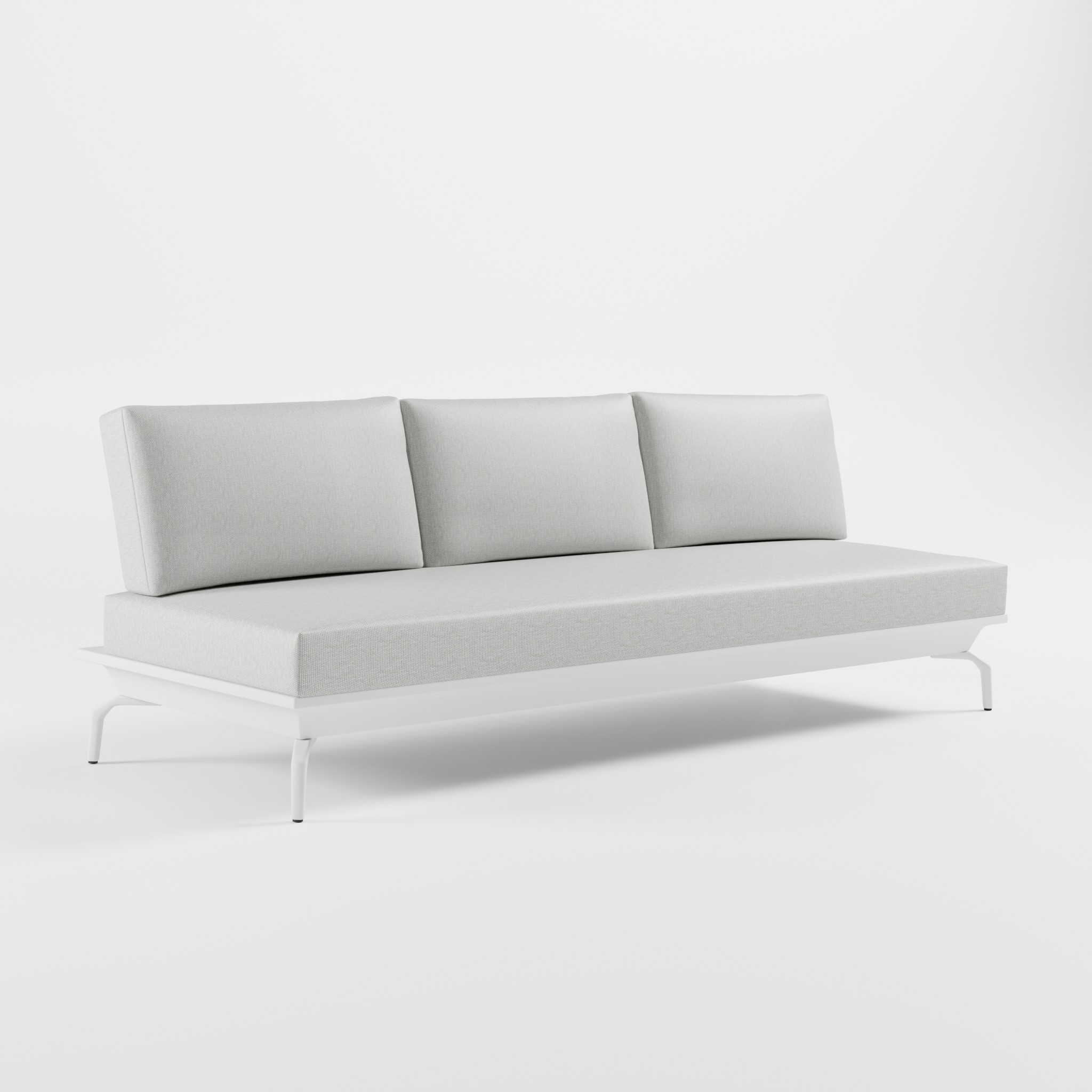 Weißes 3‑Sitzer Aluminium‑Premiummodul als exklusives Zwischen­element mit Edelstahl‑Rückenlehnen, schrägen Delta‑Füßen, 3‑teiliger Polsterung und freistehendem Design ohne Stützfuß aus der ICM Gartenlounge