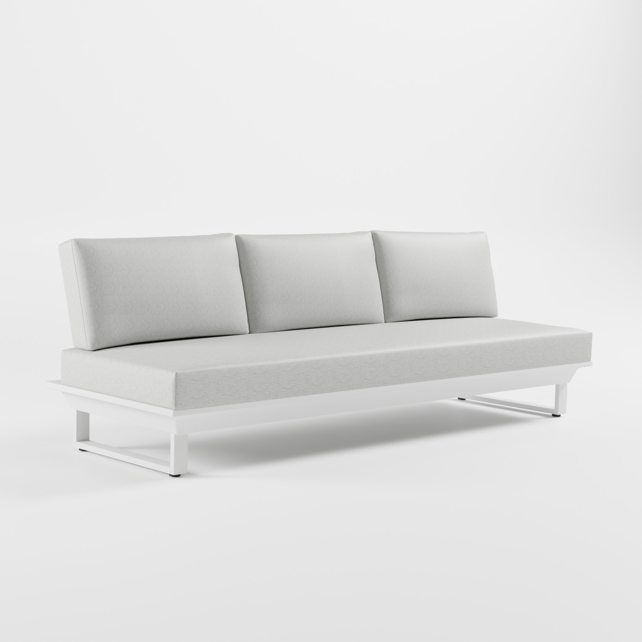 Weißes 3‑Sitzer Aluminium‑Premiummodul als exklusives Zwischen­element mit Edelstahl‑Rückenlehnen, Cube‑Füßen, durchgehendem Sitzkissen und freistehendem Design ohne Stützfuß aus der ICM Gartenlounge