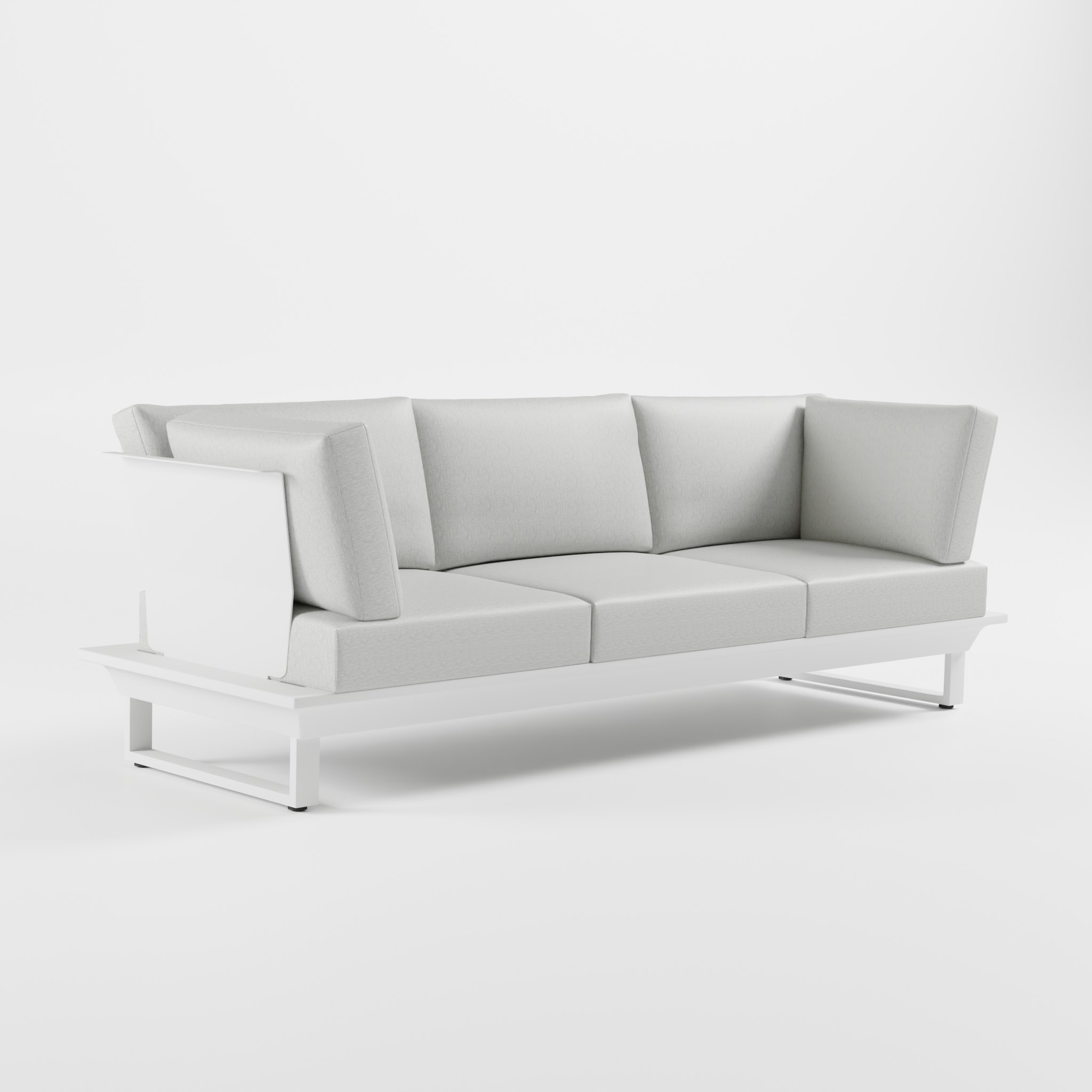 Weißes 3‑Sitzer Aluminium‑Premiumsofa mit hoher Edelstahl‑Rückenlehne und Cube‑Füßen aus der ICM Gartenlounge Serie