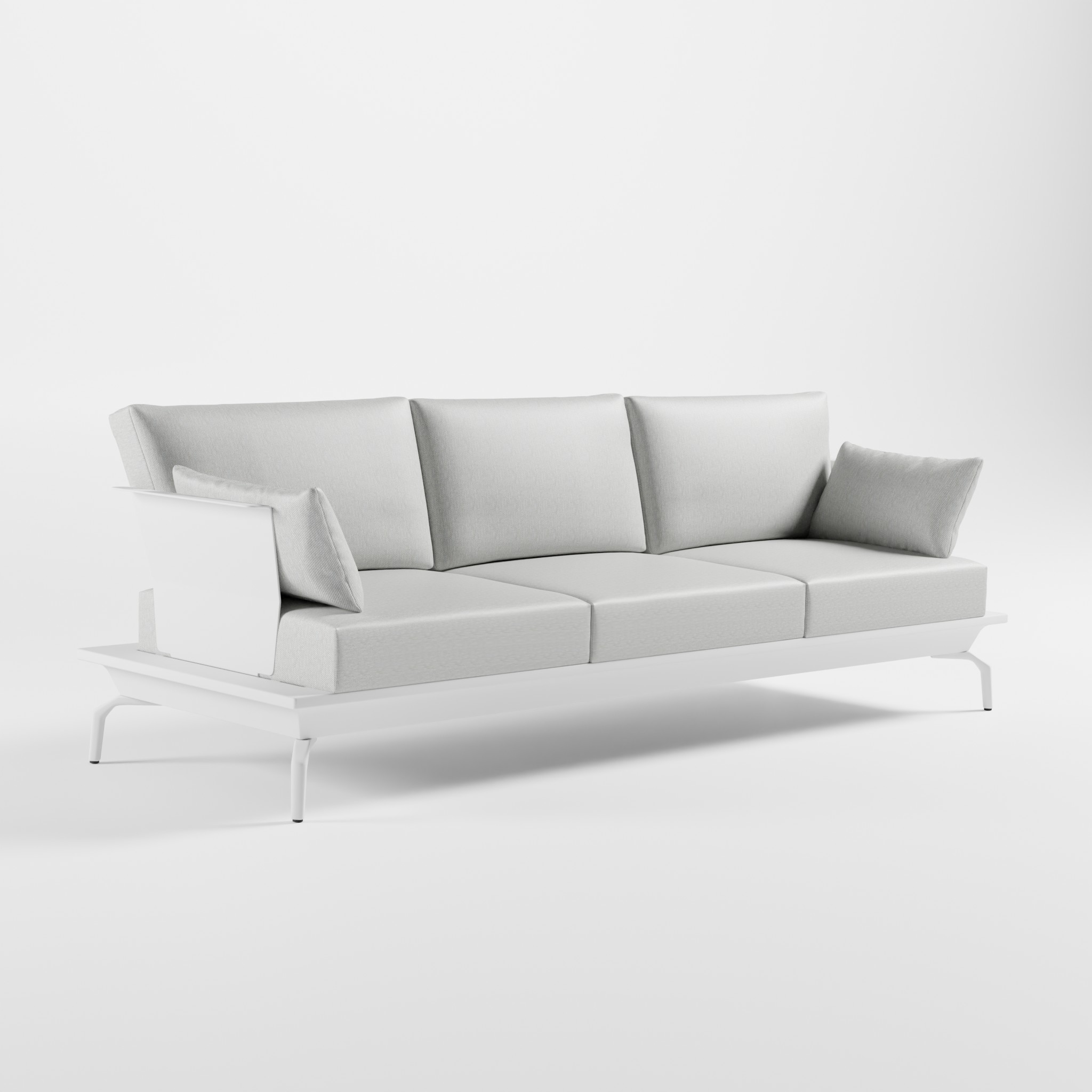 Weißes 3‑Sitzer Aluminium‑Solitärsofa mit zwei Armlehnen, Edelstahl‑Rückenlehne, schrägen Delta‑Füßen und freistehendem Design ohne Stützfuß aus der ICM Serie