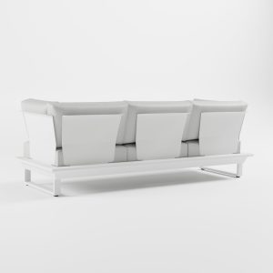 3-Sitzer Gartensofa Weiß Rückenansicht – Rückseite mit hochwertigen Edelstahl-Lehnen und Aluminium-Gestell von ICM.