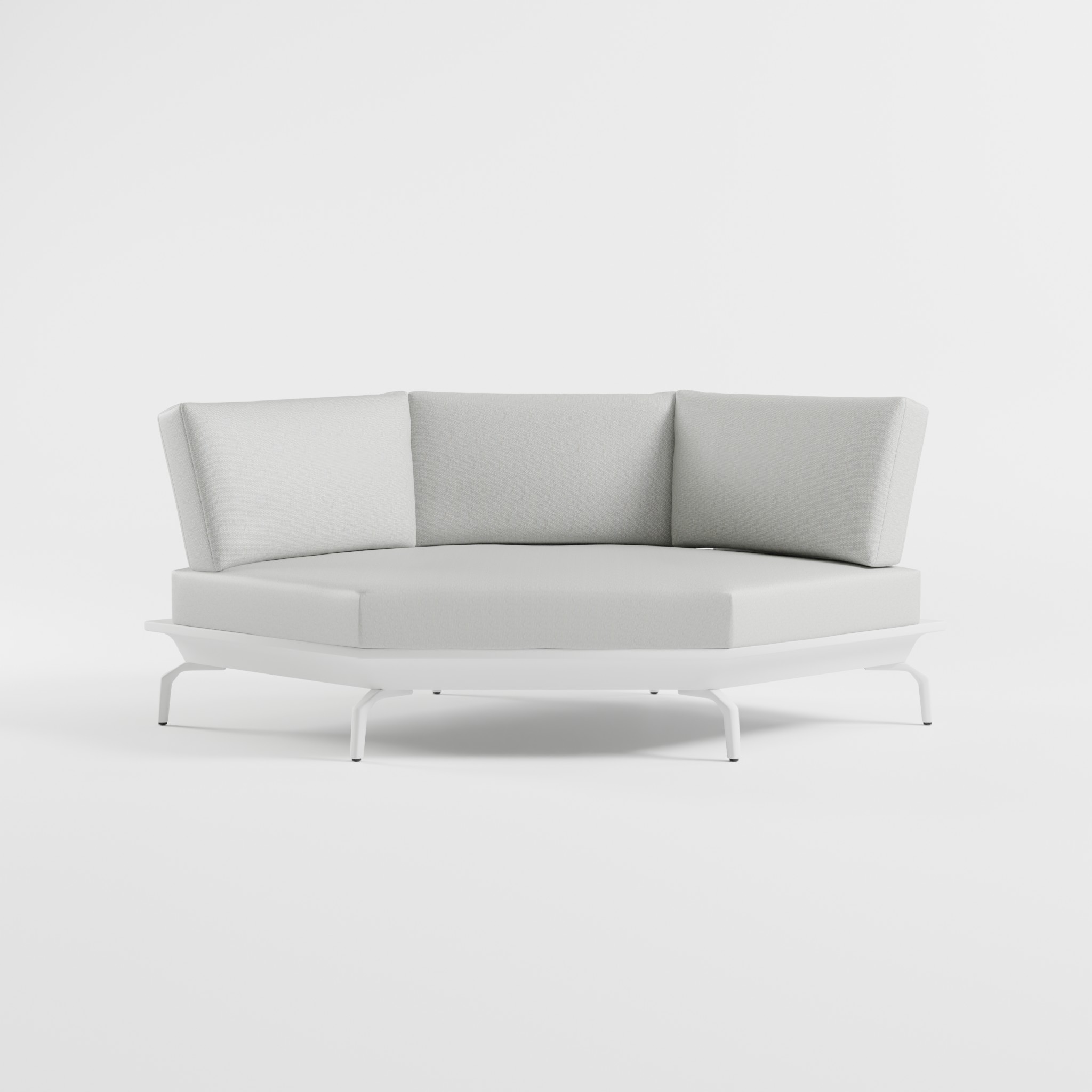 Weißes 6‑Eck Element mit Delta‑Füßen aus pulverbeschichtetem Aluminium und komfortabler Rückenlehne aus der modularen ICM Gartenlounge Serie