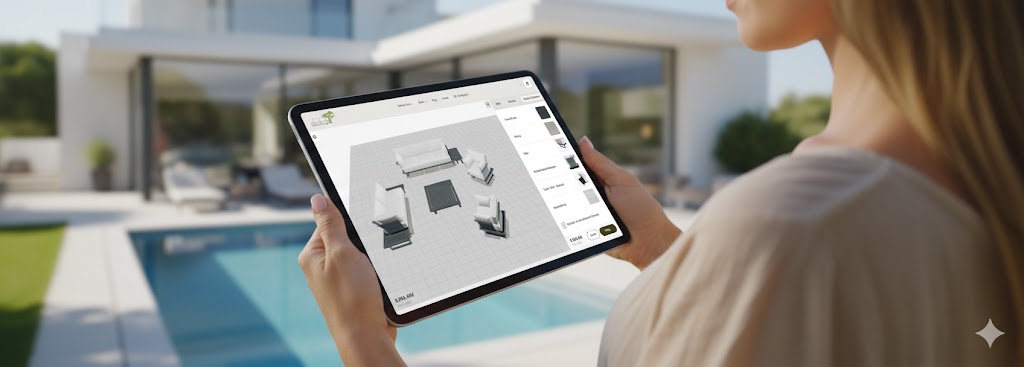 Konfiguration einer Wetterfeste Gartenlounge im 3D-Planer auf einem Tablet vor modernem Haus mit Pool Gartenlounge Beratungstermin