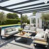 Cannes Anthrazit Teak – Luxus Outdoor ICM Gartenlounge Modulare ICM Gartenlounge Cannes in Anthrazit mit Teak-Elementen unter einer modernen Glasüberdachung am Pool, inkl. Außendusche und Olivenbäumen.