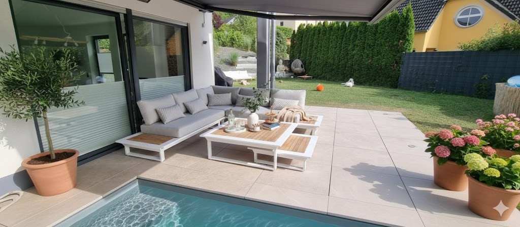 Moderne weiße Aluminium Lounge Cannes weiß Teak von ICM Gartenlounge an einem luxuriösen Pool, dekoriert mit Kissen und Tischdeko. ICM Gartenlounge Cannes Aluminium weiß Pool.