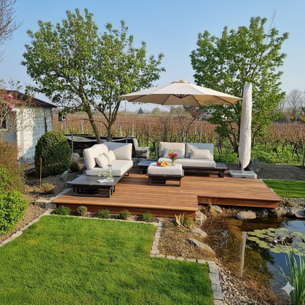 Grenoble Anthrazit – ICM Gartenlounge am Teich Modulare ICM Gartenlounge Grenoble in Anthrazit auf einem Holzboden am Teich, mit Sonnenschirm und sommerlicher Tischdeko.