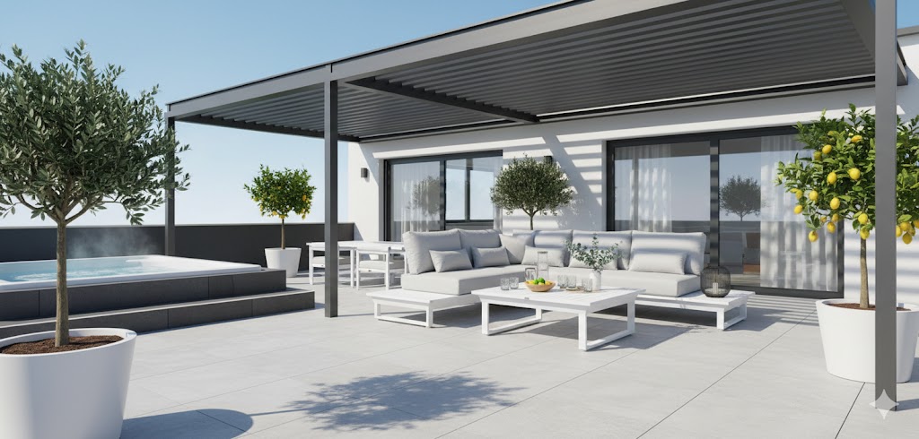 Moderne ICM Gartenlounge Grenoble aus weißem pulverbeschichtetem Aluminium auf einer Luxus-Terrasse mit ebenerdigem Whirlpool und Olivenbäumen.