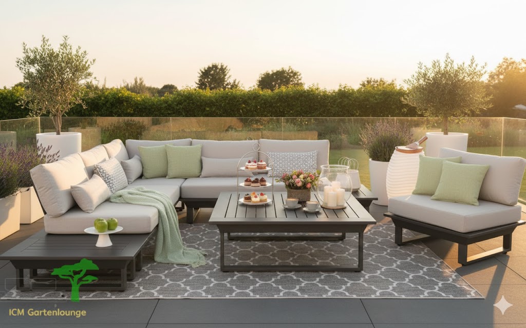 Modulares ICM Gartenlounge Set St. Tropez aus pulverbeschichtetem Aluminium mit grauen Kissen (Kundenimpression).