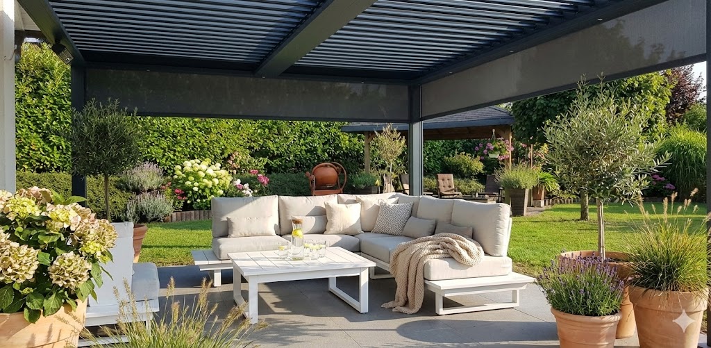 Aluminium Lounge Set St. Tropez in Weiß unter einer dunklen Lamellen-Überdachung, dekoriert mit Kissen, Decke und Wasserkaraffe auf einer bepflanzten Terrasse von ICM Gartenlounge (Kundenimpression).