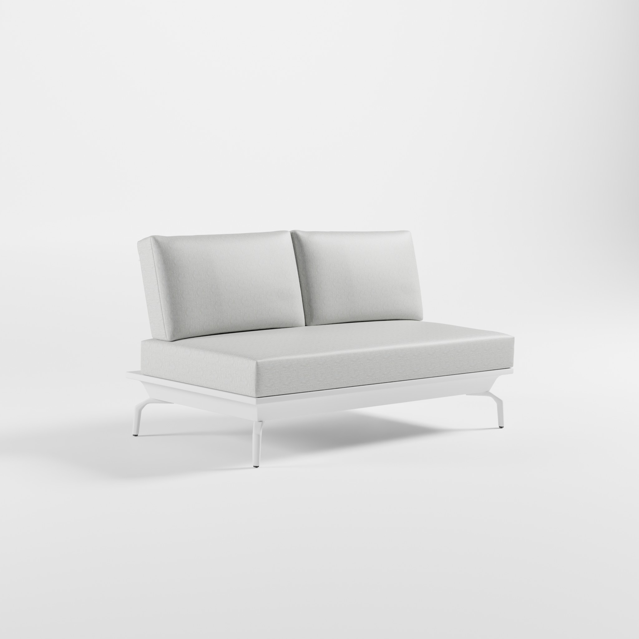 deluxe‑modul‑2sitzer‑weiss‑delta‑icm‑gartenlounge Weißes 2‑Sitzer Outdoor‑Lounge‑Modul aus Aluminium mit zwei Edelstahl‑Rückenlehnen, durchgehendem Sitzkissen und schrägen Delta‑Füßen, ICM Gartenlounge.