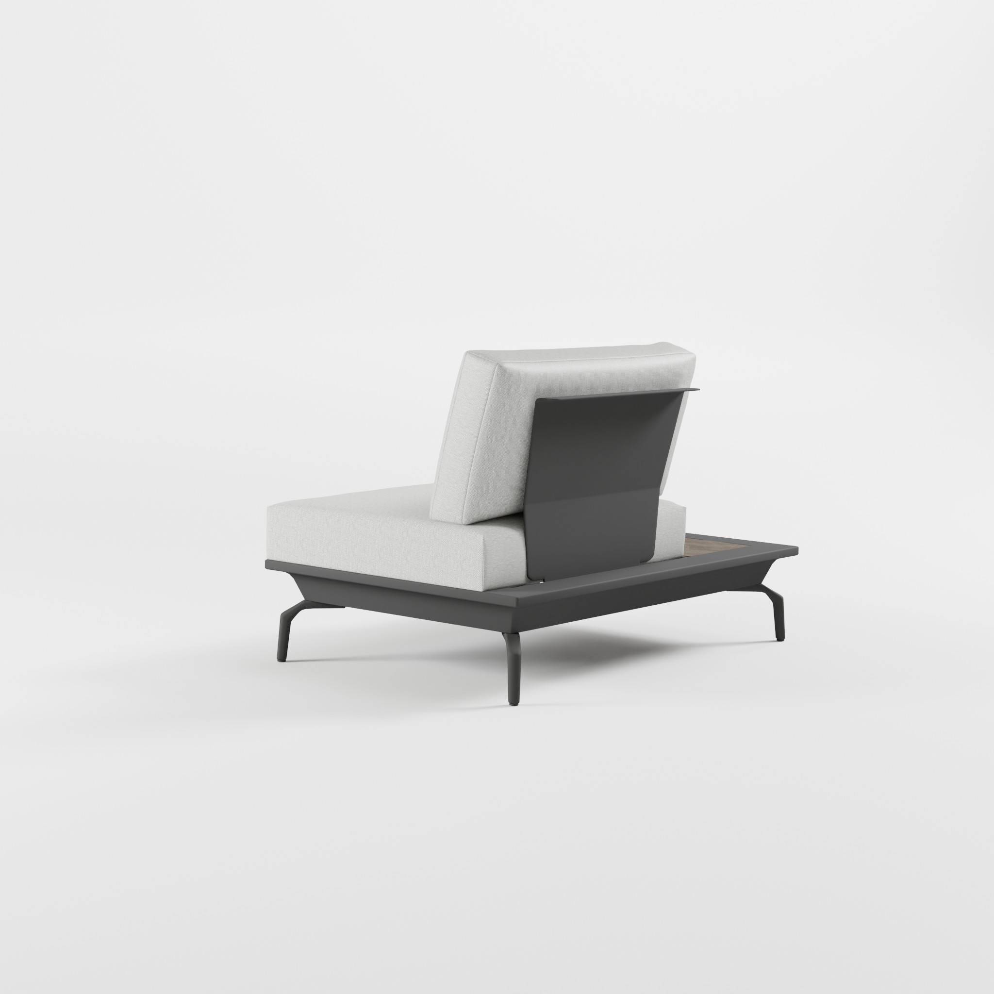 Rückansicht eines anthrazitfarbenen Outdoor‑Lounge‑Moduls aus Aluminium mit Edelstahl‑Rückenlehne, integrierter Ablagefläche und schrägen Delta‑Füßen, ICM.