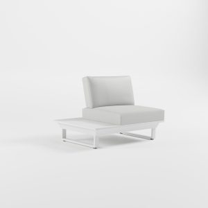 Weißes 1‑Sitzer Outdoor‑Lounge‑Modul aus Aluminium mit Edelstahl‑Rückenlehne, integriertem Seitentisch und massiven Cube‑Füßen, ICM Gartenlounge.