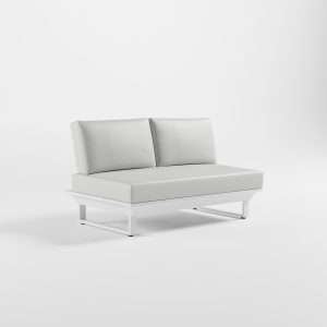 Weißes 2‑Sitzer Outdoor‑Lounge‑Modul aus Aluminium mit zwei Edelstahl‑Rückenlehnen, durchgehender Polsterung und massiven Cube‑Füßen, ICM Gartenlounge.