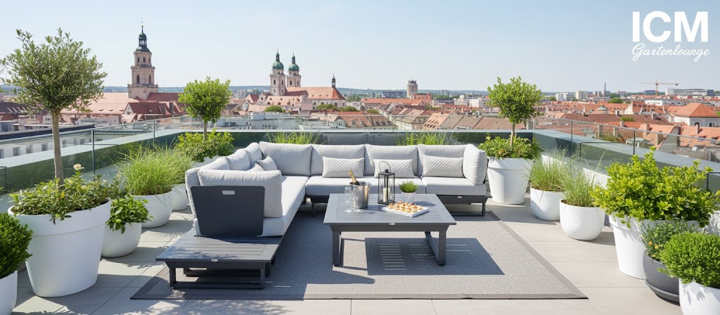 Exklusive ICM Gartenlounge in Augsburg – modernes Design auf einer Terrasse mit Glasgeländer und Blick auf die Stadt