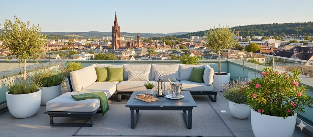 ICM Gartenlounge auf einer modernen Terrasse mit Glasgeländer und Panoramablick über Freiburg und den Schwarzwald. Gartenlounge Freiburg