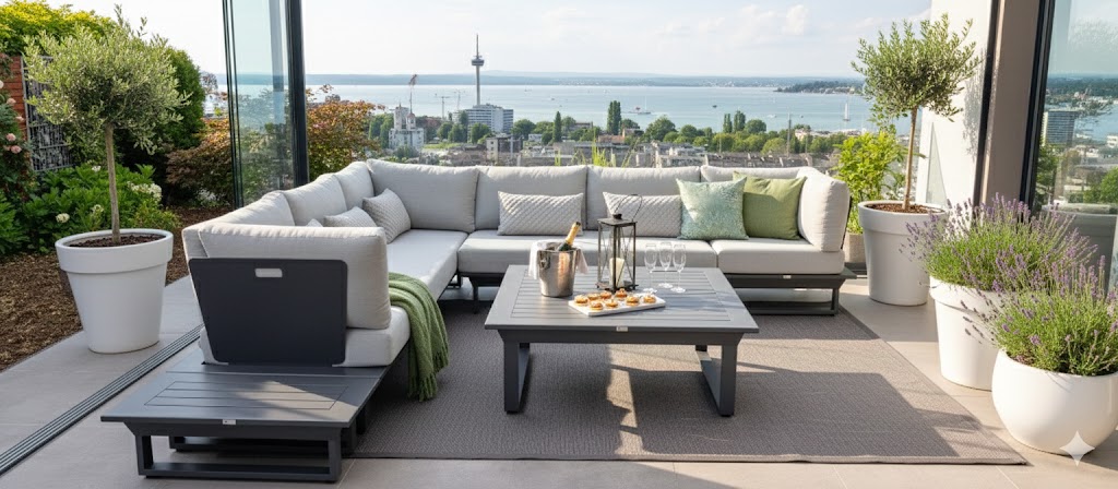 ICM Gartenlounge auf einer Terrasse mit Glasgeländer und weitem Blick über den Bodensee bei Friedrichshafen.