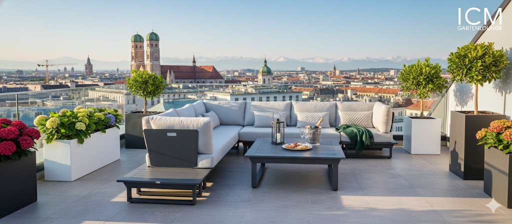 Moderne ICM Gartenlounge auf einer weitläufigen Designer-Terrasse einer Villa in München-Grünwald.