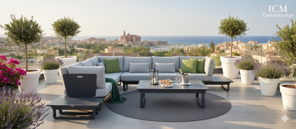 Moderne ICM Gartenlounge auf einer exklusiven Dachterrasse eines Penthouses in Palma mit Glasgeländer und Blick auf die Stadt.