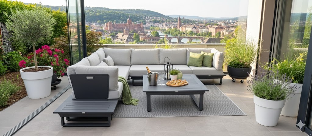 Moderne ICM Gartenlounge in anthrazit auf einer Terrasse mit Blick auf das Heidelberger Schloss und die Altstadt bei sonnigem Wetter