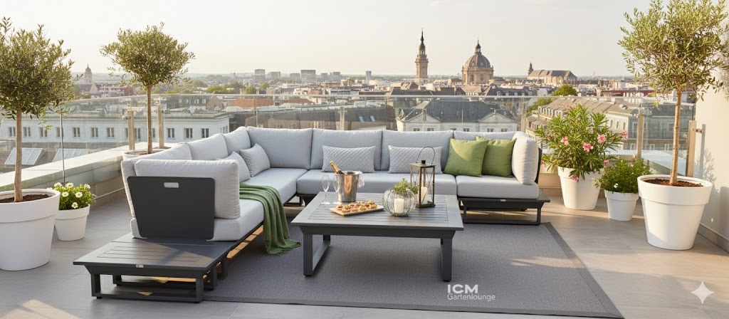 Moderne ICM Gartenlounge auf einer Dachterrasse mit Glasgeländer und Blick auf den Mannheimer Wasserturm und die Skyline.
