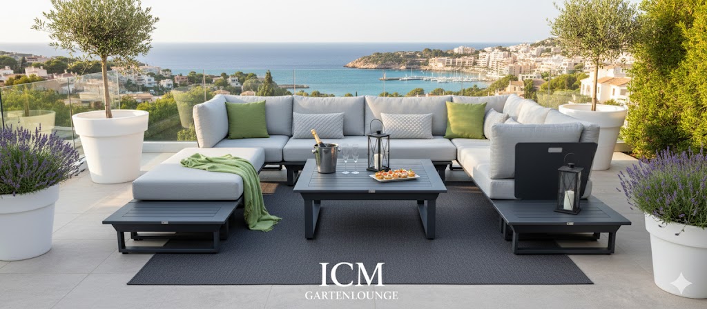 ICM Gartenlounge auf einer luxuriösen Terrasse mit Meerblick im Südwesten Mallorcas, nahe Port d’Andratx.