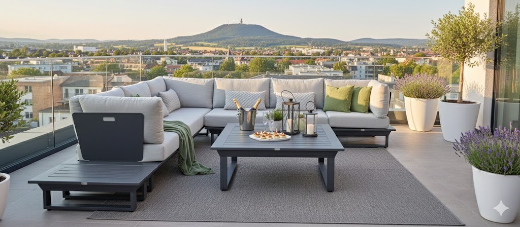 Exklusive ICM Gartenlounge auf einer Terrasse mit Glasgeländer und Panoramablick auf die Achalm in Reutlingen.