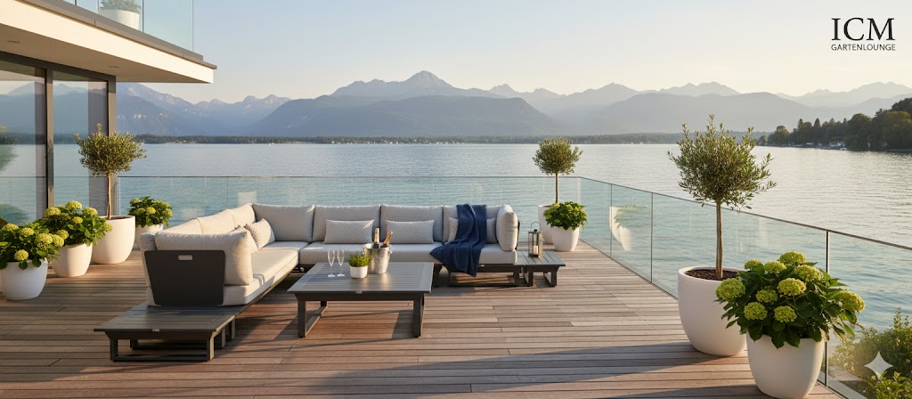 Exklusive ICM Gartenlounge auf einer Terrasse mit Glasgeländer und Panoramablick über den Starnberger See.